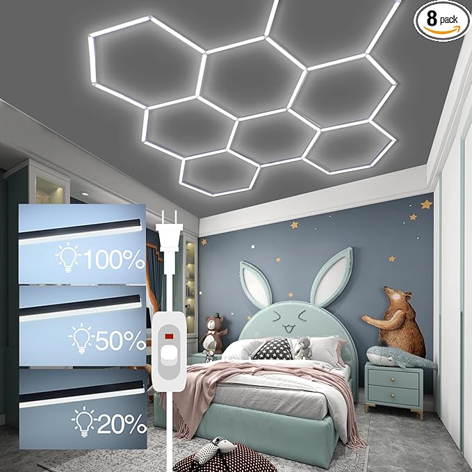 Dimmable Hexagon LED Garage Lights: Upgraded 3 Level Dimmable 35 Pack 8 Honeycomb Garage Lights Celling 6500K for Basement Warehouse Auto Beauty Shop Car Detailing Shop etc. (Dimmer 8 hexagon)