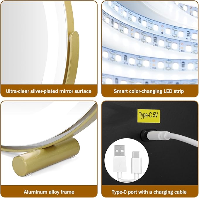 Vanity Mirror with Lights, 18" LED Makeup Mirror, HD Professional Mirror, Smart Touch with 3-Color Lighting, Dimmable, 360° Rotation, Lighted Up for Makeup Desk, Bedroom (Gold)