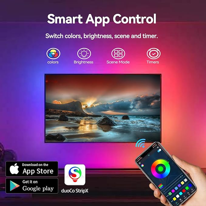 LED TV Backlight, 16.4ft RGBIC TV Backlight for 55-70 inch TV, Smart LED Light for TV with Bluetooth APP and Remote Control, Color Changing Colorful LED Light, Music Sync Function, 99+ Scene Modes