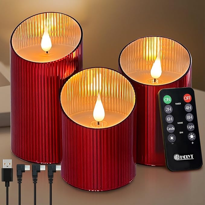 Rechargeable Flameless Candle, Flickering LED Pillar Glass Fake Candle with Remote and Timer, Built-in Battery Real Wax Electronic Candle for Room Decoration, Set of 3