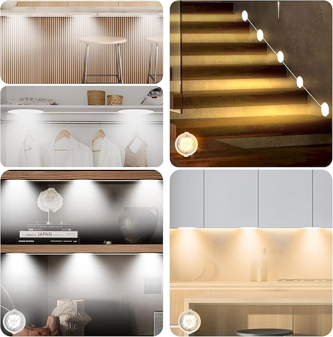 Under Cabinet Lights 12Ft,Motion Sensor LED Under Counter 6 Puck Lights with APP&Remote&Sensor/3 Work Modes/3 Colors/Timers/Motion Activated Allowed/Dimmable/Night Light for Cabinet,Home,Closet,Garage