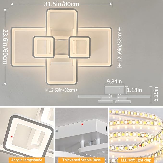 Modern LED Ceiling Lights for Bedroom Dimmable Modern 6 Ring Square Ceiling Lights for Living Room with Remote Control White Bedroom Ceiling Lamp Fixures for Kitchen,Bathroom,Balcony