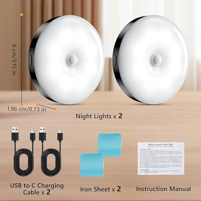 Stick On Lights, LED Puck Lights, Rechargeable Motion Sensor Night Light, 3 Operating Modes, Adjustable Brightness,Under Cabinet Lightins for Bedroom, Closet, Kitchens (2 Pack).