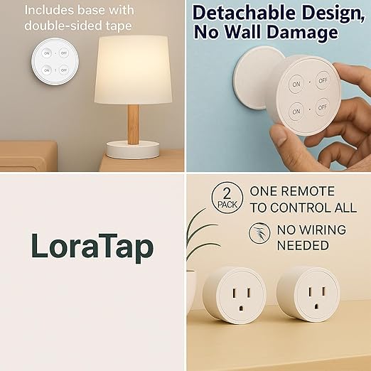 LoraTap Mini Remote Control Outlet Plug: 656ft Range — Wireless Light Switch for Household Appliances — No Wiring — 1 Remote for 2 Outlets