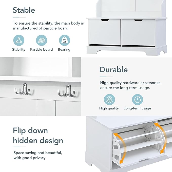 RUNNA Modern All in One Hall Tree with 3 Top Shelves and 2 Flip Shoe Storage Drawers,Bench and 4 Metal Hooks,Wood Organizer for Hallway Entryway Use (White@q)