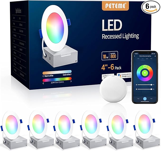 Peteme Smart LED Recessed Lighting 4 Inch, IC Rated ETL Certified Ultra-Thin Canless Recessed Ceiling Light with J-Box, RGBCW Color Changing Slim Downlight for Soffit, Work with Alexa, 10W 800LM 6Pcs