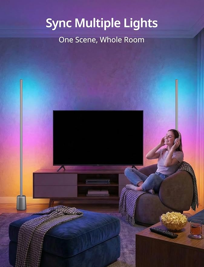 Ailofy Corner Floor Lamp, 1500lm RGBW LED Lamp, Alexa & Google Assistant Compatible, 16 Million DIY Colors, Music Sync, App Control, Modern Smart Floor Lamp for Living Room, Bedroom, Silver Grey