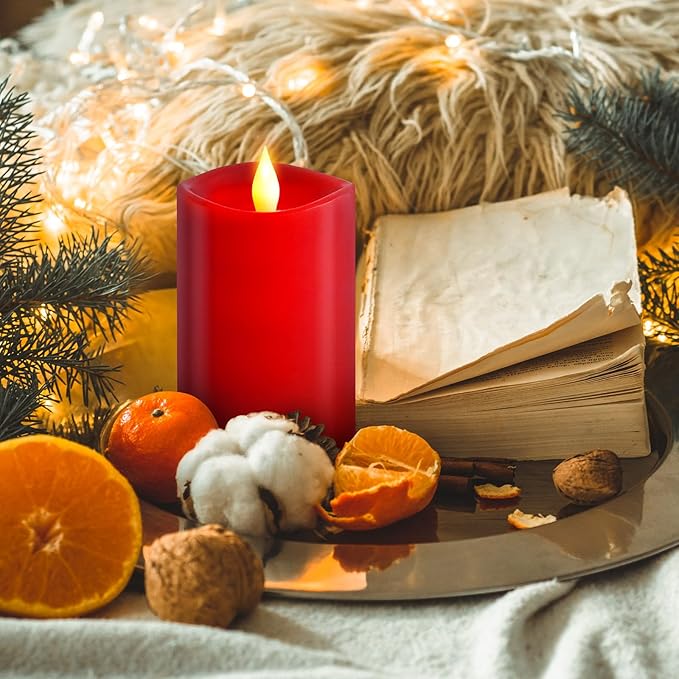 1PCS, 3 x 5 inches Flameless Candle with Remote Control, 3D Flickering Wick, Real Wax Pillar LED Candles, Battery Candles,with Timer,for Holiday Home Decor, Red