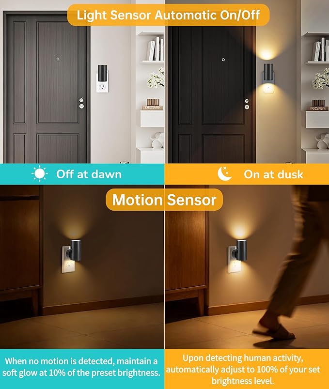 LED Night Lights with Motion Sensor & Dusk to Dawn Sensor, Night Lights Plug into Wall Dimmable Soft White Nightlight with 5-300lm Adjustable Brightness for Bedroom, Bathroom, Stairs, Hallway 2 Pack