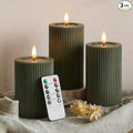 WYZworks Fluted Ribbed LED Pillar Candles, Loden Green, with Realistic Reflective Melted-Wax Effect – Flickering Flame, Remote, Dimmable, Flameless, Battery Operated, Home & Wedding Decor (Set of 3)