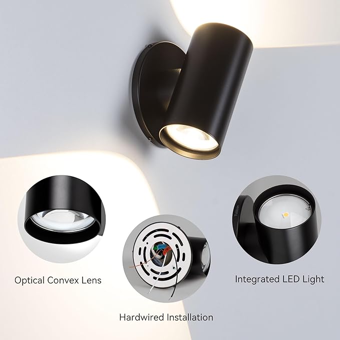 Tubicen Up Down Wall Sconce Indoor Black Cylinder Sconces Wall Lighting 7W Bright LED Dimmable Wall Light for Living Room Hallway Stairway Home Theater Lights 3000K Hardwired 5.4" H Small