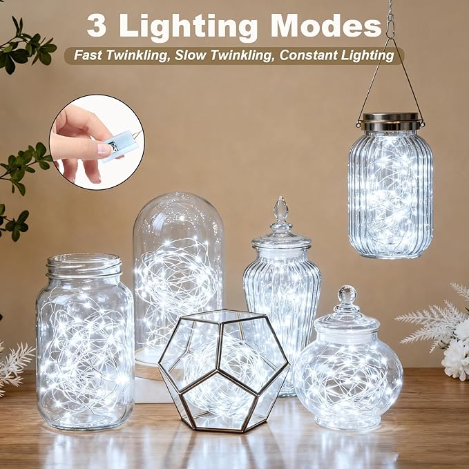 Lemical 10 Pack Fairy Lights Battery Operated 9.8FT 30 LED Twinkle Lights 3 Modes Waterproof Bulk Mini Copper Wire Firefly String Light for Christmas Mason Jars DIY Wedding Table Decor(Cool White)