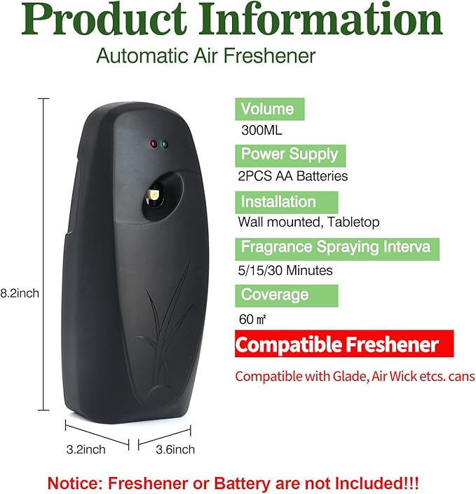 Automatic Air Freshener Dispenser 2-Pack,Histely Auto Air Freshener Spray Dispenser Wall Mounted or Free Standing Battery Powered w/Interval Spray Setting for Commercial & Home Use,No Drilling(Black)