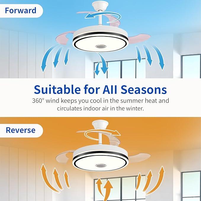 42'' Retractable Hanging Fan with Lights, Smart Fan Light with Bluetooth Speaker, App Control for Dimming & RGB Color Change Reversible Bedroom Living