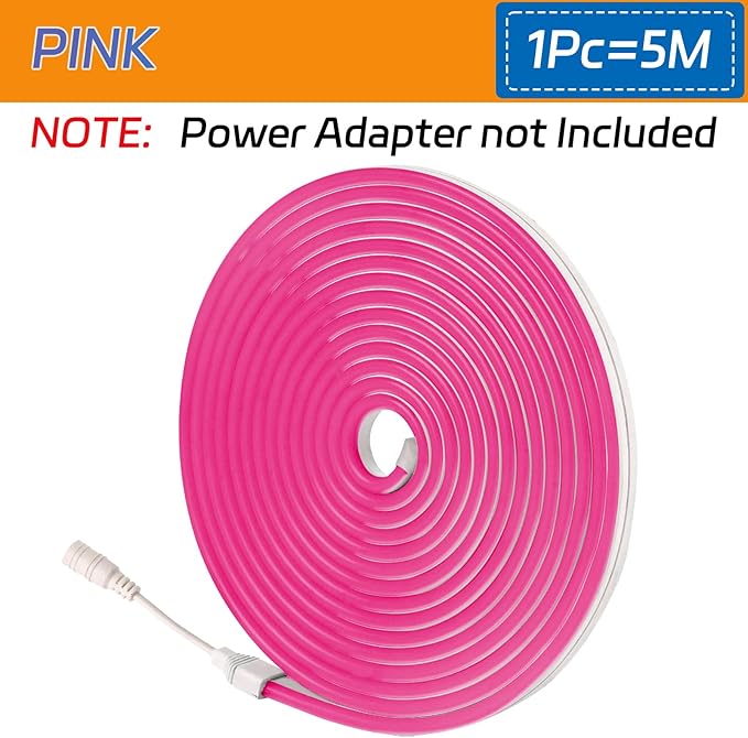 Neon LED Strip Lights Pink 16.4FT/5M 12V DC Waterproof Flexible LED NEON Light for Indoors Outdoors Decorm (No Adapter, Pink)
