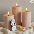 WYZworks Fluted Ribbed LED Pillar Candles, Blush Beige, with Realistic Reflective Melted-Wax Effect – Flickering Flame, Remote, Dimmable, Flameless, Battery Operated, Home & Wedding Decor (Set of 3)