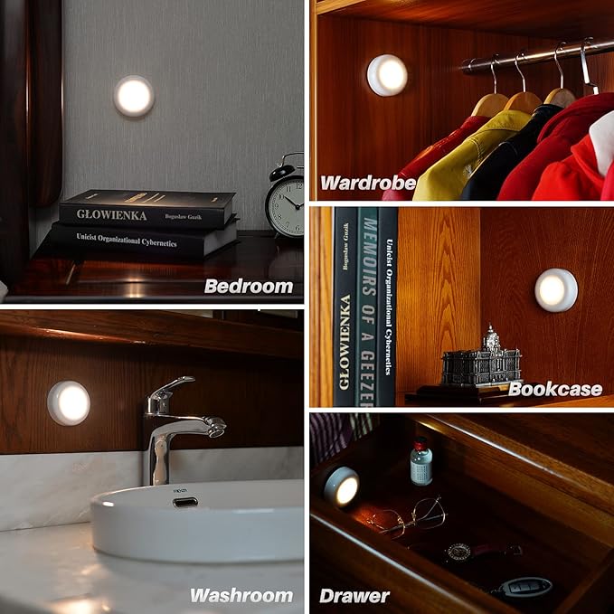 STAR-SPANGLED 6 Pack 2.8” Motion Sensor Lights Indoor AAA Battery Operated, Stick on LED Puck Light for Stairs, Under Cabinet, Closet, Warm White