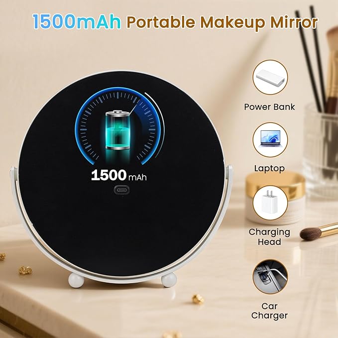 Travel Makeup Mirror, 8" Small Vanity Mirror with Lights, 1500mAH Battery, 3-Color Lighting, Dimmable, 360° Rotation, Round Portable Desk Mirror, Travel Essentials (White)