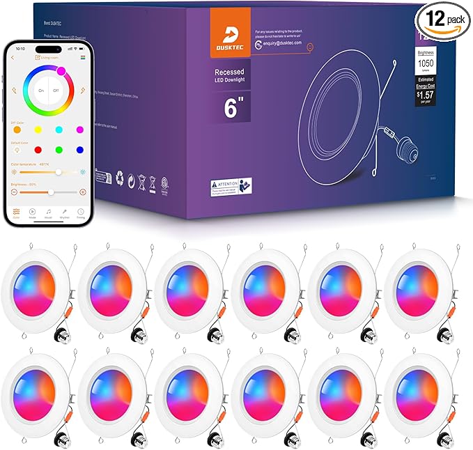 DUSKTEC Smart Recessed Lighting 6 Inch - RGBCW Color Changing LED 13W Can Light Retrofit Recessed Lights 1050 Lumen Dimmable Recess Light Compatible with Alexa & APP Recess Ceiling Lights 12 Pack