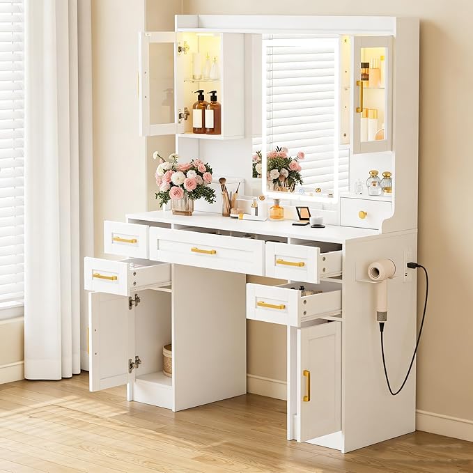 NUNU LAB Large White Vanity Desk with Mirror and Lights with 5 Drawers, Women Makeup Table with Power Outlet, 3-Color Adjustable Lighting for Bedroom Brown