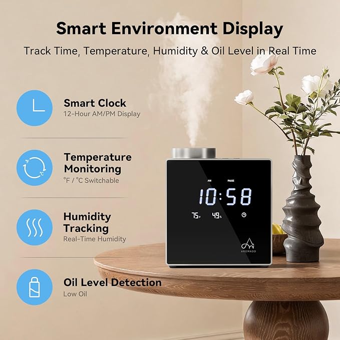 2026 Smart Waterless Diffuser, 2000 Sq.Ft Cold Air Scent Diffuser with Clock & Environmental Display | 7 Fragrance Levels, 9 Timer Settings, Hotel Collection Diffuser for Home & Large Rooms (Silver)