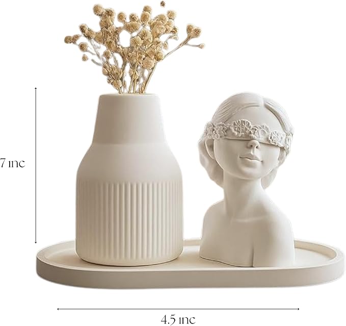 Modern White Plaster Decorative Vase Set - Abstract Minimalist Home Decor Vases with Tray for Living Room, Coffee Table