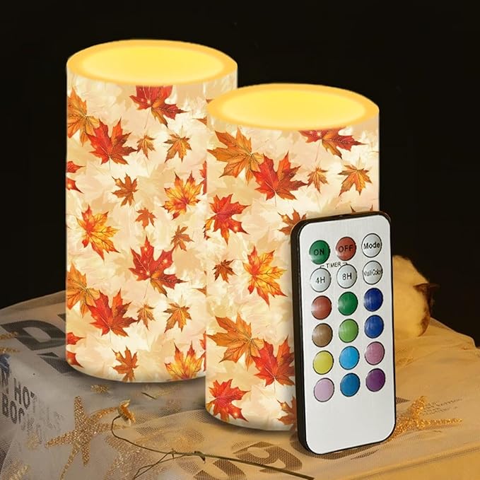 Maple Leaf Decorative Fall Candles for Home Decor Flameless Candles with Remote and Timer LED Candles Flickering Battery Operated Fake Candle for Thanksgiving Holiday Party Room Table Decor