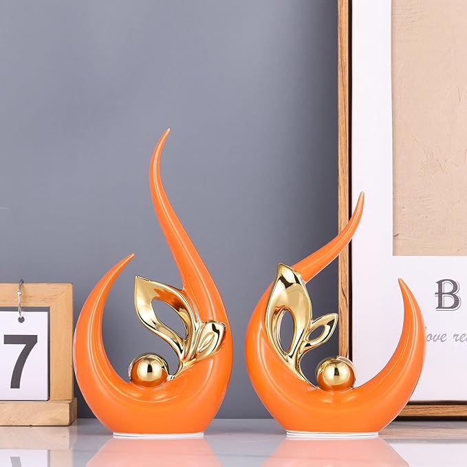 XMGZQ Burnt Orange Gold Ceramic Statues for Home Décor Accents,Abstract Art Mid Century Modern Decor,Elegante Centerpiece Table Decorations,Sculpture for Entryway,Shelf,Tv Stand,Mantel,Coffee Table
