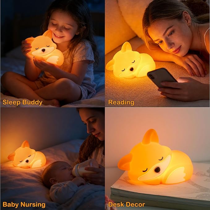Fox Lamp, Fox Cute Night Light Gifts, Rechargeable Bedside Nightlight, Dimmable Squishy Silicone Animal Touch Lamp, Baby Room Decor, Small Night Light for Kids Teens Boys Girls Lovers