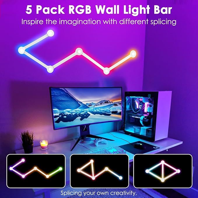 RGB Wall Light lines, Smart Gaming LED Lights DIY Geometry Splicing Gaming Wall Light Bar, Backlit Modular APP Control Colour Changing for Game Room,Bedroom,Home Decor Lights (5 Lines, White)