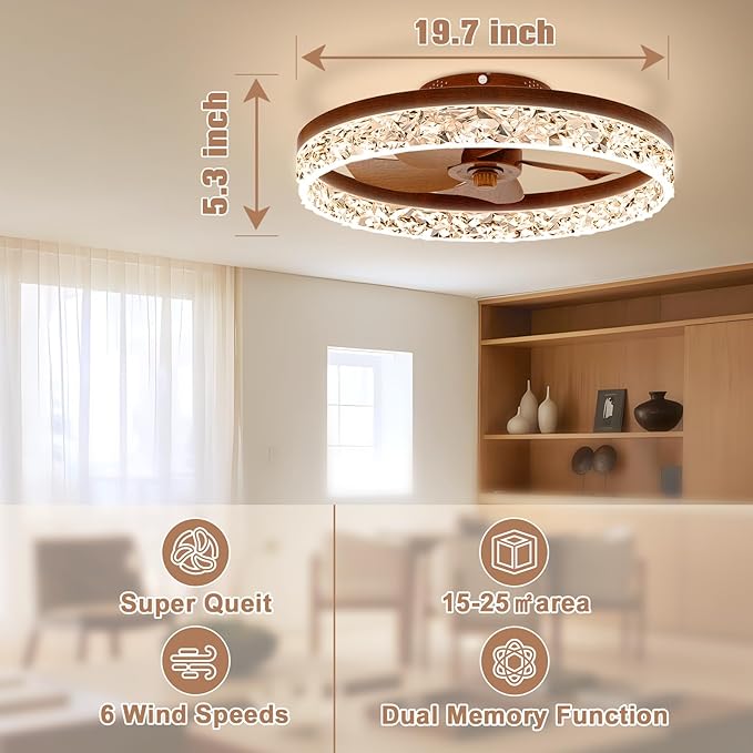 VOLISUN Farmhouse Ceiling Fans with Lights and Remote, 19.7in Low Profile Ceiling Fan Flush Mount, 3000K-6500K Dimmable Bladeless Fandelier Ceiling Fans with Lights for Bedroom(Walnut)