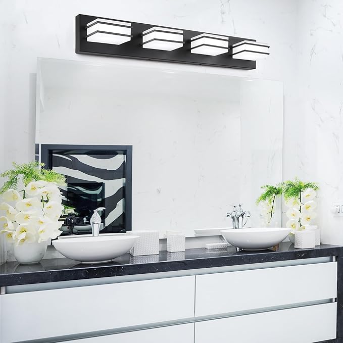 3 Color Temperature Dimmable Bathroom Light Fixtures Over Mirror, LED Black 4 Light Vanity Lighting Fixtures, Acrylic Stainless Steel Square Shade Vanity Lights for Bathroom, ETL Certificated