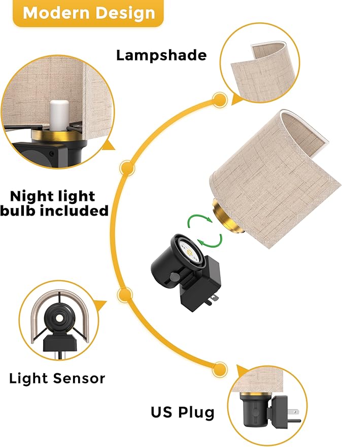 L LOHAS LED Amber Night Lights Plug into Wall, Plug in Night Light Dimmable, Farmhouse Decorative Nightlights Plug in Wall, Light Sensor, Linen Fabric Yellow Nightlight for Bedroom Hallway, 2 Pack