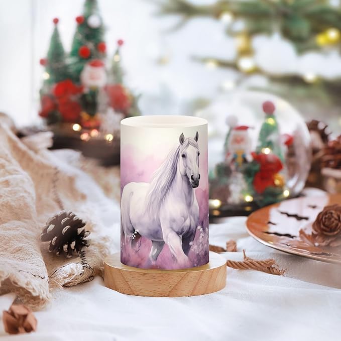 White Horses in Pink Field Flameless Candles Color Changing LED Candles with Remote Control Battery Candles for Outdoor and Indoor Home and Room Decoration, 3'' x 4''/5'' Set of 2 Pieces