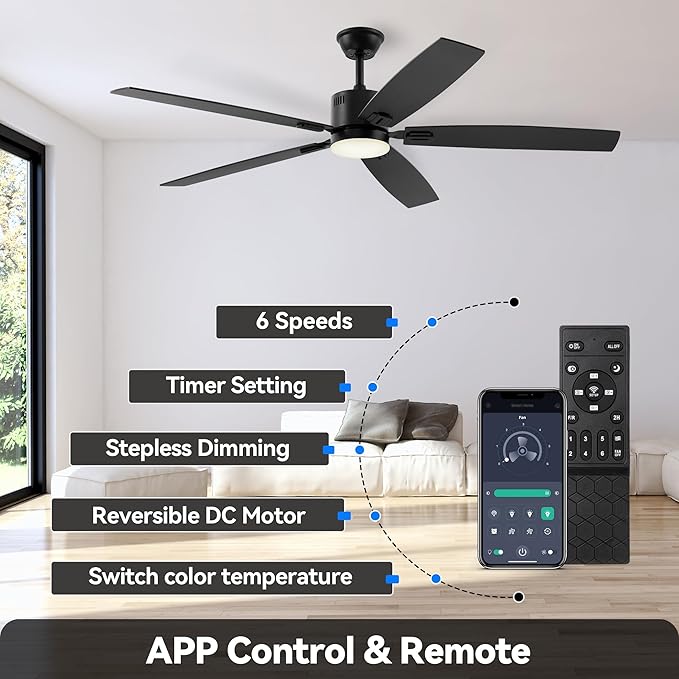 SUNMORY 62" Ceiling Fans with Lights and Remote/APP Control, Low Profile Ceiling Fan with Light, Reversible, Quiet 6 Speeds, Stepless Dimmable, Flush Mount Ceiling Fan for Bedroom Indoor/Outdoor Use