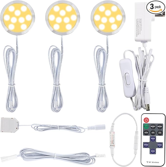 Under or Over Counter LED Lighting Kit, 120 Volt Electric Wired Kitchen Cabinet Round Puck Lights, Wireless Remote Control Dimmable, 3 Ways Octopus Wired, 3 Lights, Warm White