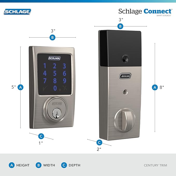 SCHLAGE BE469ZP CEN 625 Connect Smart Deadbolt with alarm with Century Trim in Bright Chrome, Z-Wave Plus enabled, 3 x 8 x 2 inches