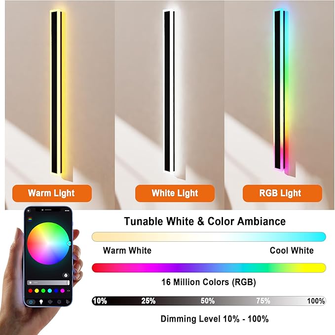 ASLONG 1PC 12In LED RGBW Wall Light with APP Control, IP66 Waterproof Smart RGB LED Wall Mount Lighting Fixture, Color Changing Ambient Light Exterior Wall Sconce for Outdoor Indoor Room Decor (1Pack)