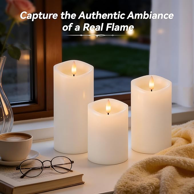 Rechargeable Flickering Flameless Candles Melted Edge Battery Operated with Remote and Timer, Real Wax LED USB Type-C Pillar Candles, Set of 3 (3" x 4",5",6"), White,Spring Home Decor