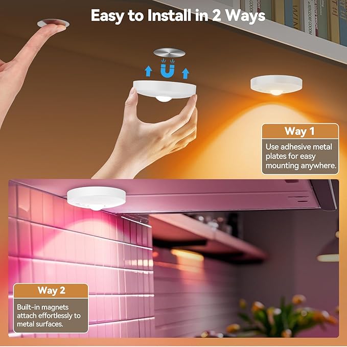 Rechargeable Puck Lights with Remote, 3 Pack Magnetic Under Cabinet Lighting, 1500mAh Battery Operated LED Tap Lights with Dimmer & Timmer for Kitchen, Closet, Shelf - 3 Color Temps & 12 RGB, White