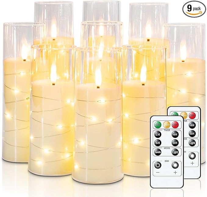 Raycare Flameless Candle with Remote Timer – 9 Flickering Acrylic Battery Operated LED Pillar Candles with Embedded Star String for Valentine's Day, Home Decor, and as a Gift (Ivory)