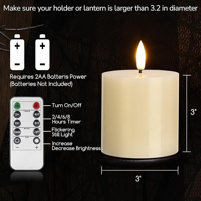 Ivory Flameless Candles Set of 3, 3x3 Real Wax LED Candles with Remote & Timer, Safe Battery Operated Candlelight for Homes with Kids & Pets, Warm Ambient Lighting for Home Decor