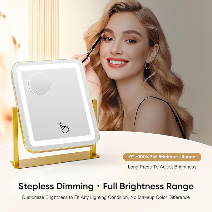 Vanity Mirror with LED Lights, 14.8x12.6 Inch Makeup Mirror, 3-Color Dimmable Touch Screen, 5X Magnification, 360° Rotation, Gold Tabletop Mirror for Bedroom Vanity