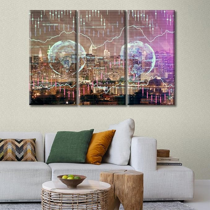 TUMOVO Currency Business and Market Charts Canvas Paintings Wall Art for Living Room 3 Piece Business and Financial Concept Artwork Wall Decor Living Room Print on Canvas Ready to Hang (42" Wx28 H)