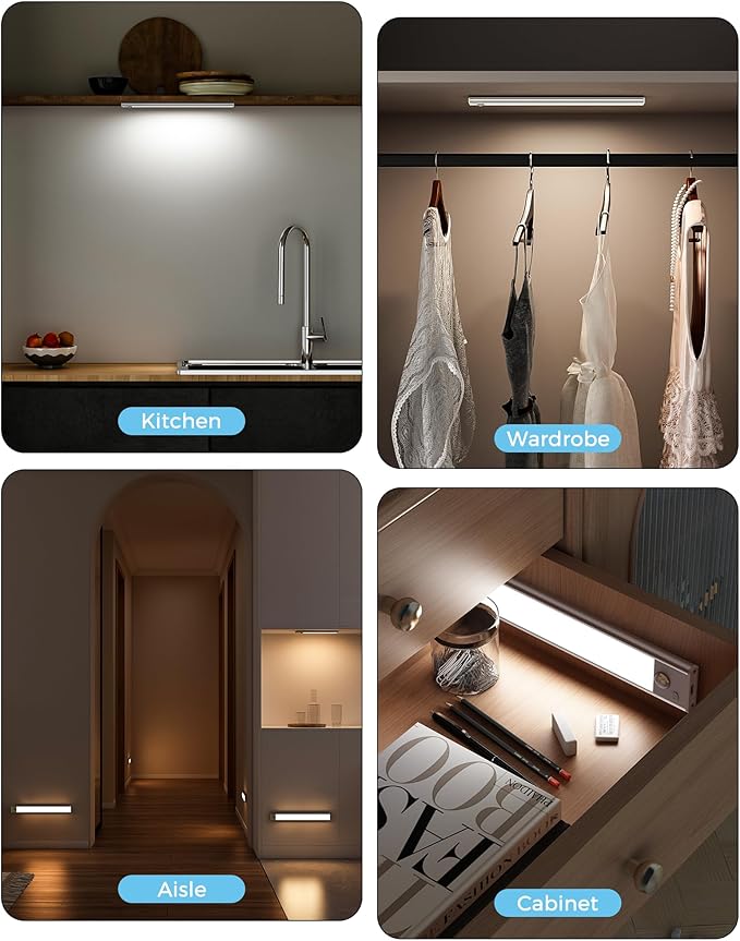 ASOKO Under Cabinet Lights Motion Sensor, 2800mAh Battery Operated Closet Light Rechargeable Under Counter Lights for Kitchen Under Cabinet Lighting Wireless (White,3 Pack-13.8inch)