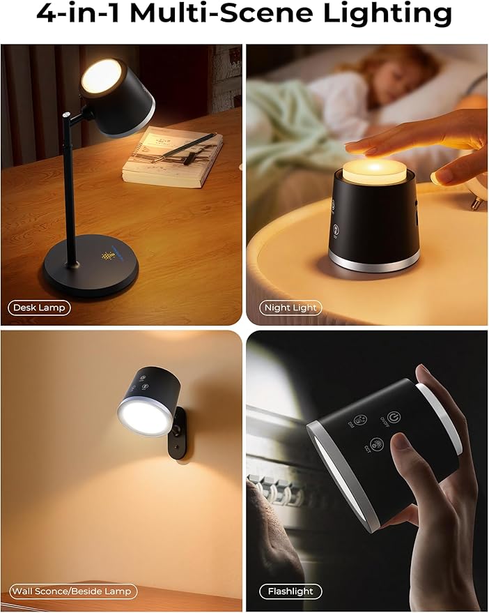 Modular LED Desk Lamp for Home Office, Eye-Caring Table Lamp Dimmable Rechargeable with 360°Adjustable Head, 3 Color Temperatures & Stepless Brightness, Touch Control & Memory, Multi-Scene Use, Bkack