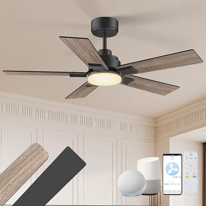 42 Inch Ceiling Fans with Lights,Smart Ceiling Fan with Light and Remote Control,Alexa,APP, Black Indoor Outdoor Ceiling Fans for Small Bedroom,Patio,Porch,5 Blades,Dimmable LED,6 Speed,Quiet DC Motor