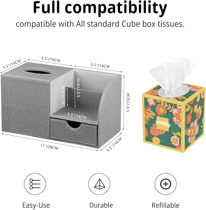 Nightstand Organizer with Tissue Holder,PU Leather Square Tissue Box Cover,Modern Facial Paper Organizer Storage Box for Remote Control,Bathroom,Vanity Countertop,End Table Home Office.Gray