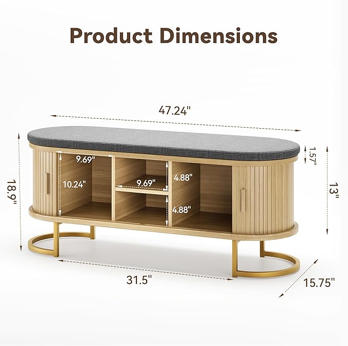 47.2'' Entryway Storage Bench Seat with Sliding Door, Large Shoe Bench with Sturdy Metal Feet & Soft Cushion, Multi-Scene Use for Entrance, Bedroom & Living Room（Oak）
