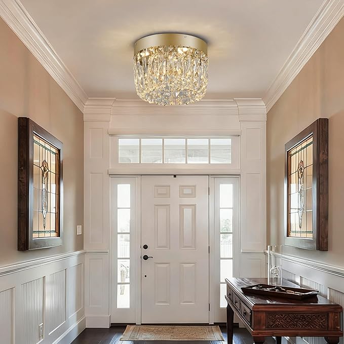 Deckrico Modern Crystal Chandelier Flush Mount Ceiling Light, 11.8" Gold LED Lighting Fixture for Bedroom Hallway Entryway Foyer